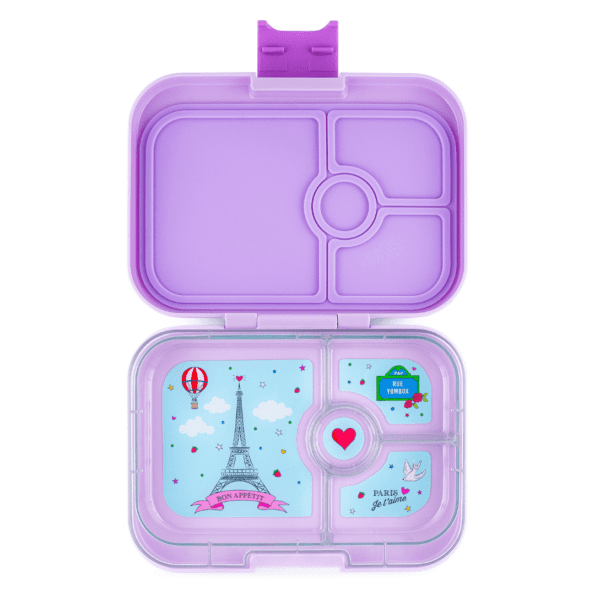 μωβ δοχείο φαγητού Yumbox Panino Lulu Purple με 4 χωρισματα & δισκακι με σχέδιο πυργο του αιφελ παρισι bento