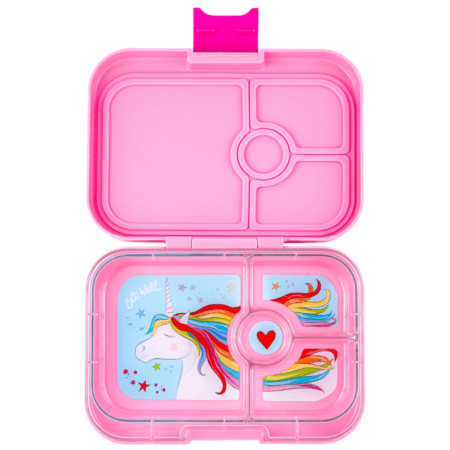 ροζ δοχείο φαγητού Yumbox Panino power pink με 4 χωρισματα & δισκακι με σχέδιο μονοκερο bento box