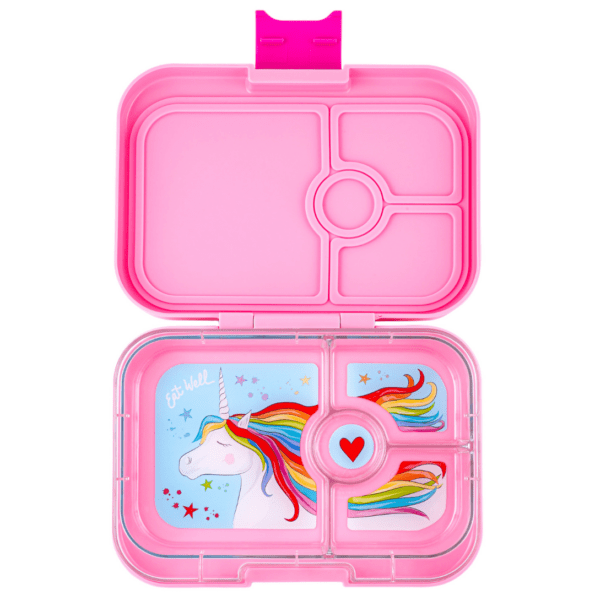 ροζ δοχείο φαγητού Yumbox Panino power pink με 4 χωρισματα & δισκακι με σχέδιο μονοκερο  bento box