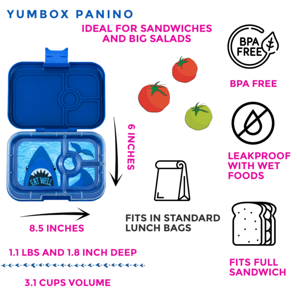 Δοχείο φαγητού Yumbox Panino Monte Carlo blue με 4 χωρισματα & δισκακι με σχεδιο καρχαρία bento box